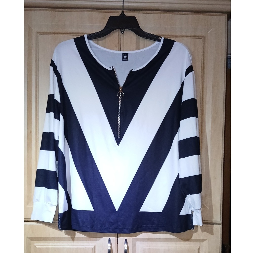 Shein Curve Navy White Chevron Striped Half Zip Pullover Top 0XL Plus Size